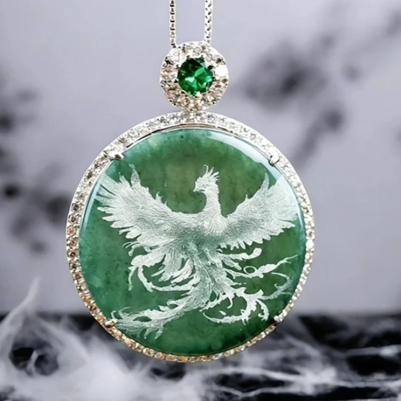 S925 Silver New Natural Real Emerald Stone-shadow Carving Phoenix Pendant Necklace Jewelry Charm Designer Luxury Gifts for Women