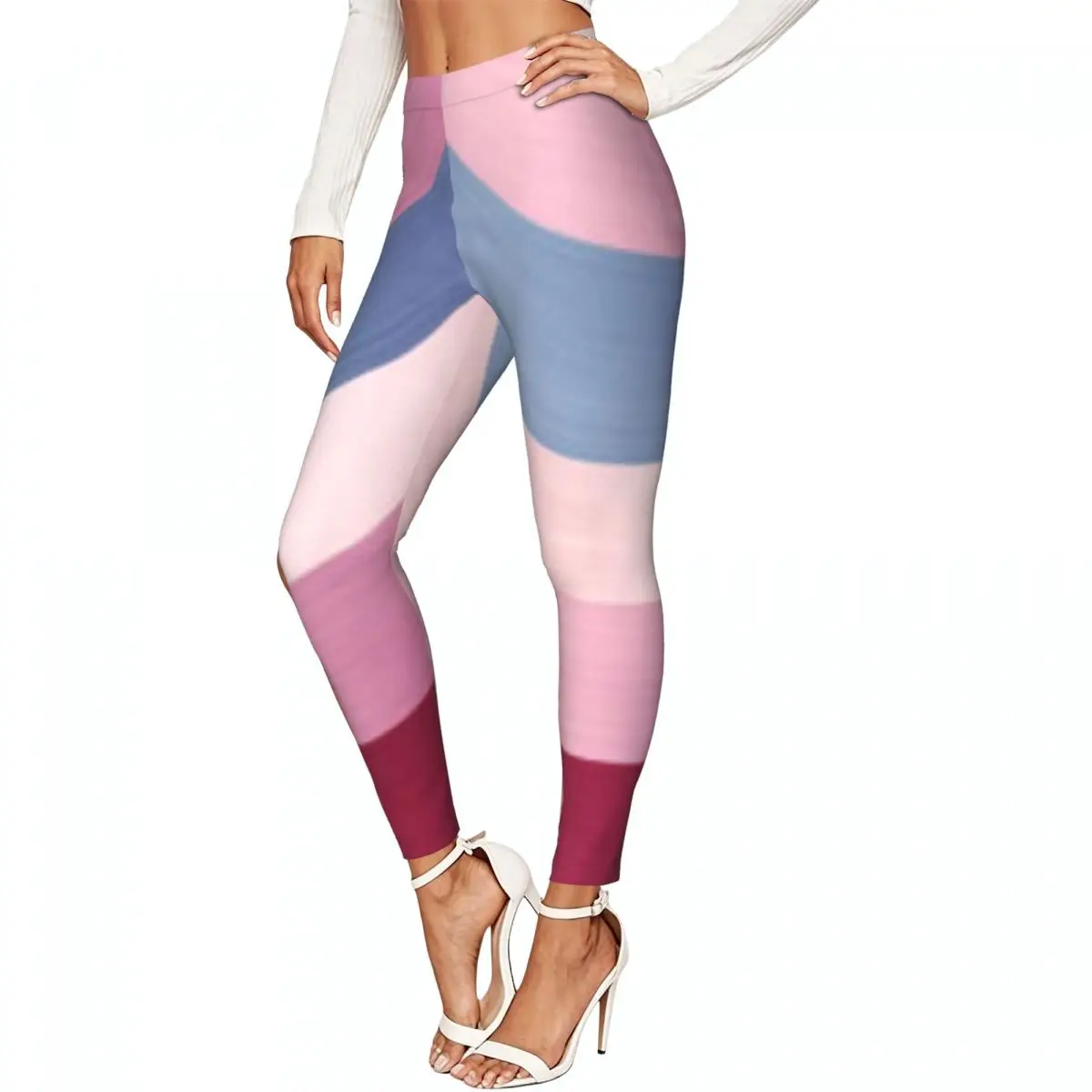 Women High Waist Elastic Leggings Colorful Wavy Stripes Background Slim Fit Stretchy Pants Casual Wear