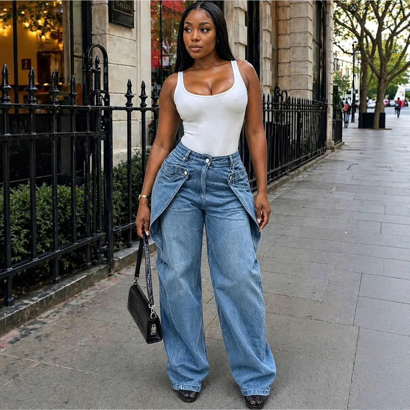 

European and American style casual jeans street fashion staggered button design straight leg