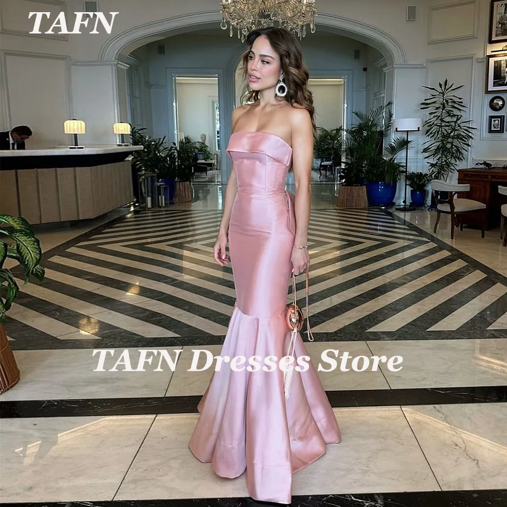 

TAFN Pink Mermaid Formal Evening Dresses Elegant Strapless Satin Prom Party Gown Floor-Length vestidos de fiesta