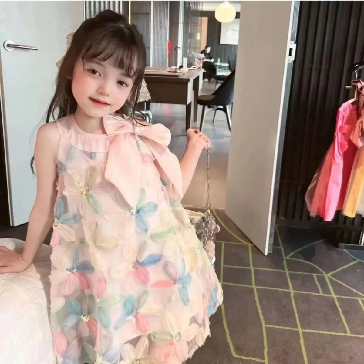 

Summer Toddler Baby Flower Dress Pink Green Sleeveless Princess Dress with Bow Kids Loose Tank Dresses for Girls fits 2-10Years