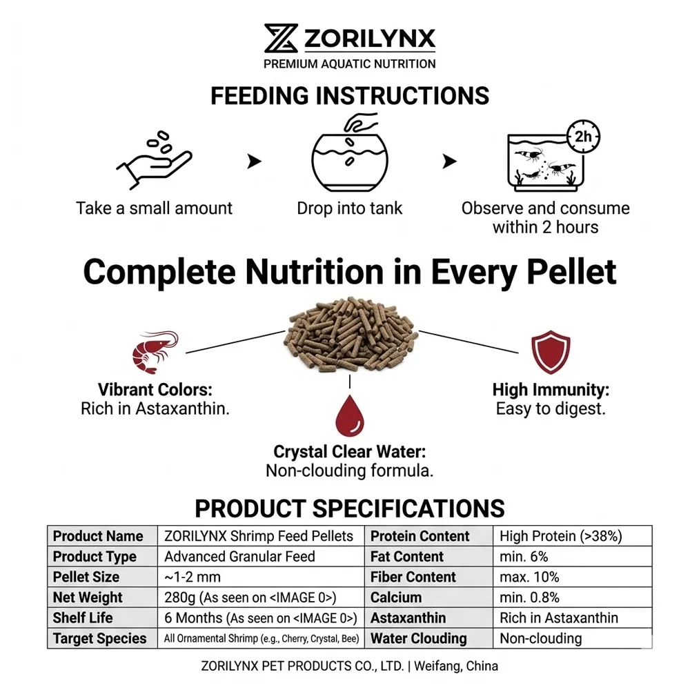 Nährstoffreiches Garnelenfutter Sinkende Pellets Hochprotein Calciumreiches Futter für Kristallrote Kirschgarnelen Aquarium ZORILYNX – Detail 6