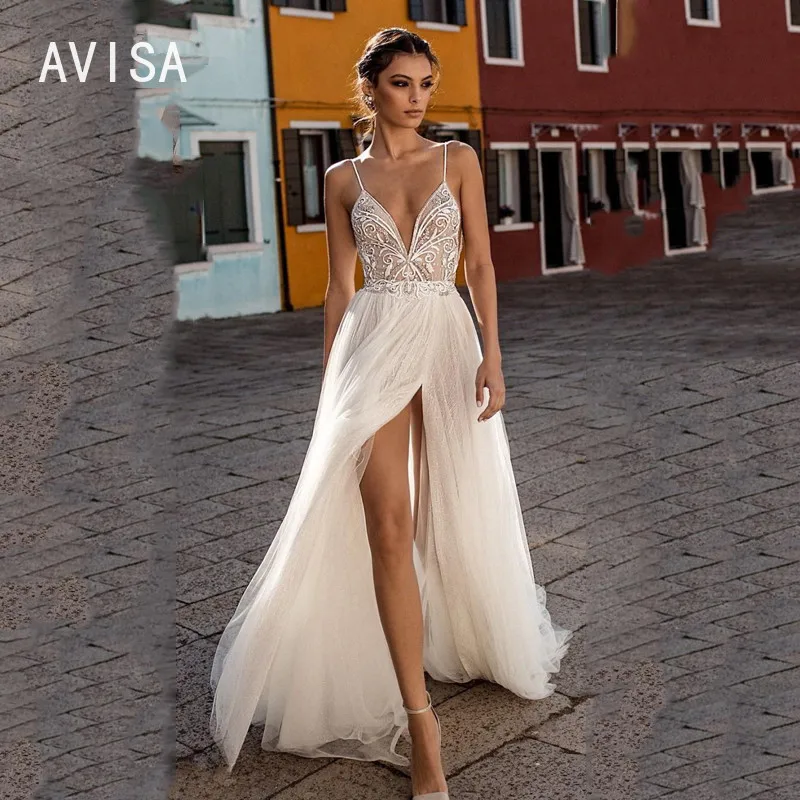 Sexy Strand Hochzeits kleid Vestido de Noiva Seite geteilt Spitze Tüll böhmischen Brautkleid ärmellose Spaghetti träger Brautkleider