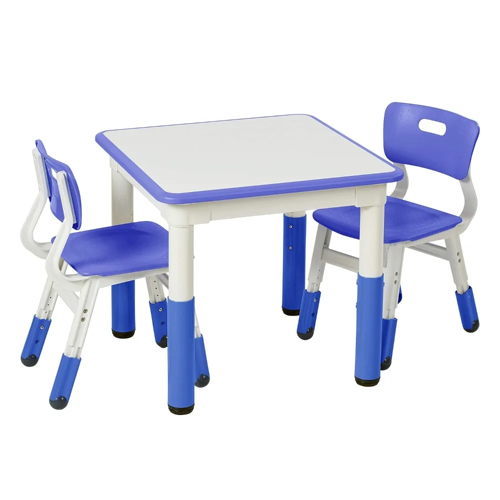 Adjustable Blue Dry-Erase Square Table Set with 2 Chairs for Kids' Activities