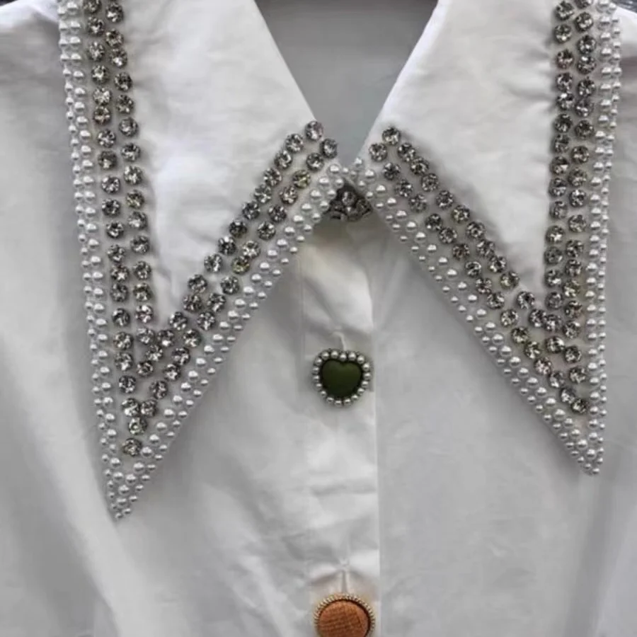 Beaded Diamonds Women Shirts and Blouses 2024 Spring New Solid Color Long-Sleeve Office Lady Work Shirts Outwear Tops