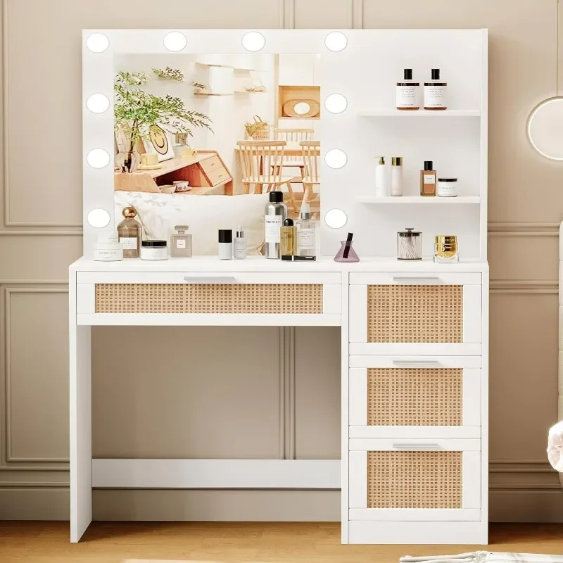 

Makeup Vanity Table with Lighted Mirror, Makeup Vanity Desk with Storage Shelf and 4 Drawers, Bedroom Dressing Table, 10 LED