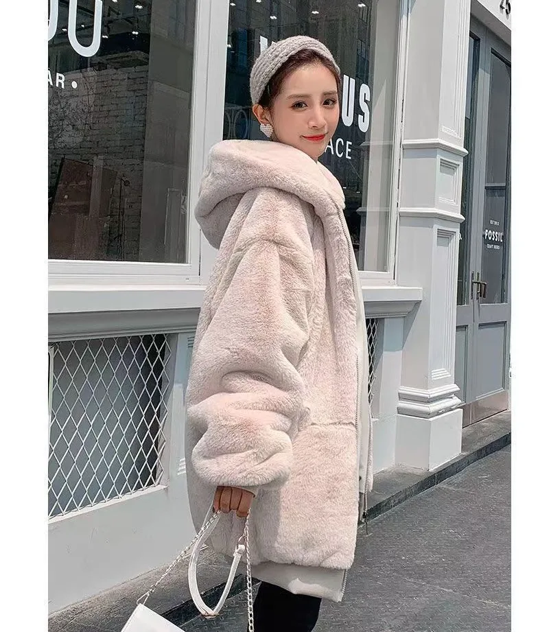 Women Autumn Solid Colors Hoodies Faux Fur Coats Loose Casual Outwears Zipper Big Pockets Hooded Coats Black Apricot Sweatshirts