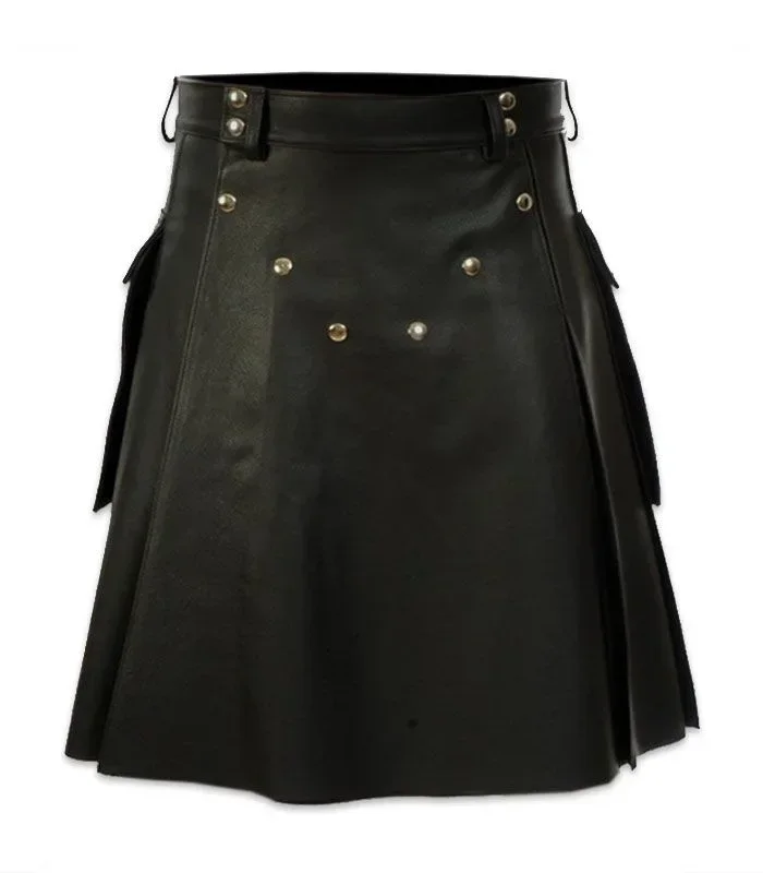 Hot selling men\'s faux leather pleated skirt fashion Scottish style leather belt solid color pleated skirt fashion men\'s skirt