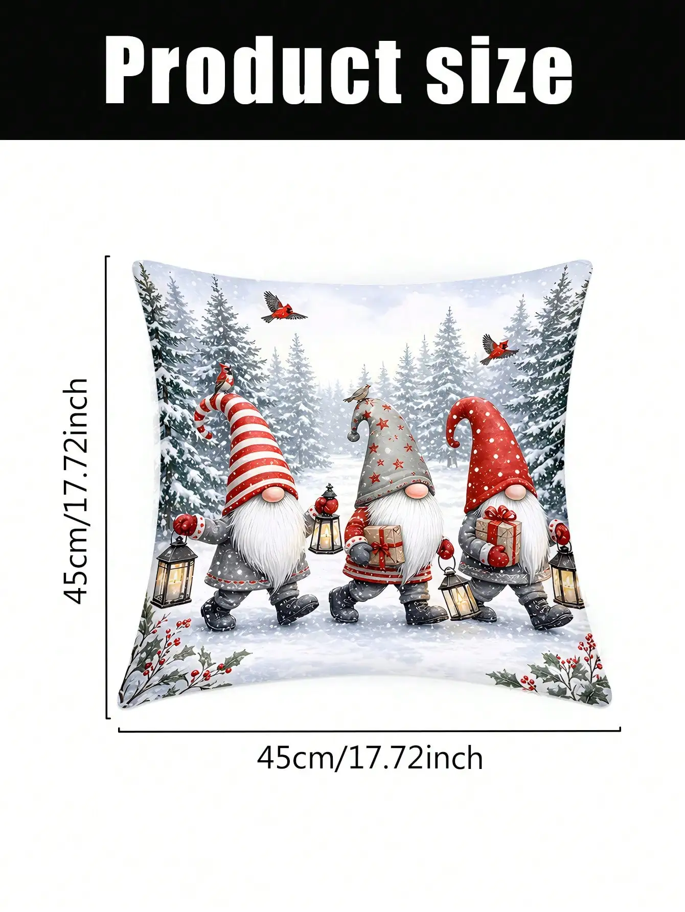 4Pcs Christmas Themed Throw Pillow Covers 45x45cm Nordic Style Christmas Theme Patterns Of Christmas Gnome, Snowy Forest, Wooden Cabin, Robin, Red Holly Berries Ideal For Christmas Home Sofa Living Room Decor(Pillow Inserts Not Included)
