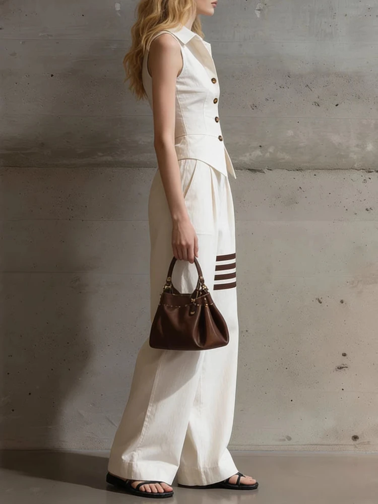 Fashionable Solid Color Sleeveless Single Breasted Waist Cinched Shirt Casual Pants Set Women's Elegant Commuting Two-piece 2026