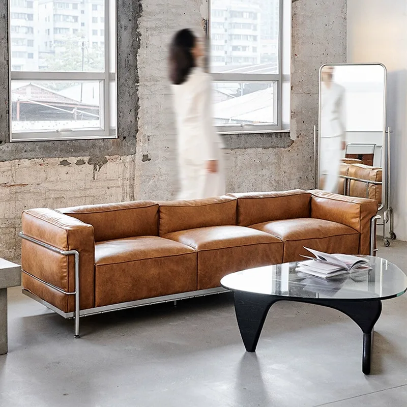 

Leather single sofa Corbusier retro living room modern minimalist straight row medieval sofa