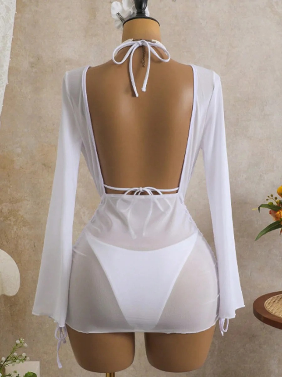3PCS With Mesh Sheer Long Sleeve Dress Bikini Women Swimwear Female Swimsuit Three-pieces Bikini Set Bathing Suit Swim Beachwear