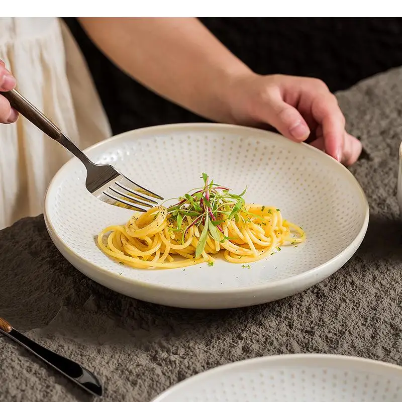 Ceramic Bead Dot Deep Plate Salad Thick Soup Dessert Plates Pasta Restaurant Specialty Tableware