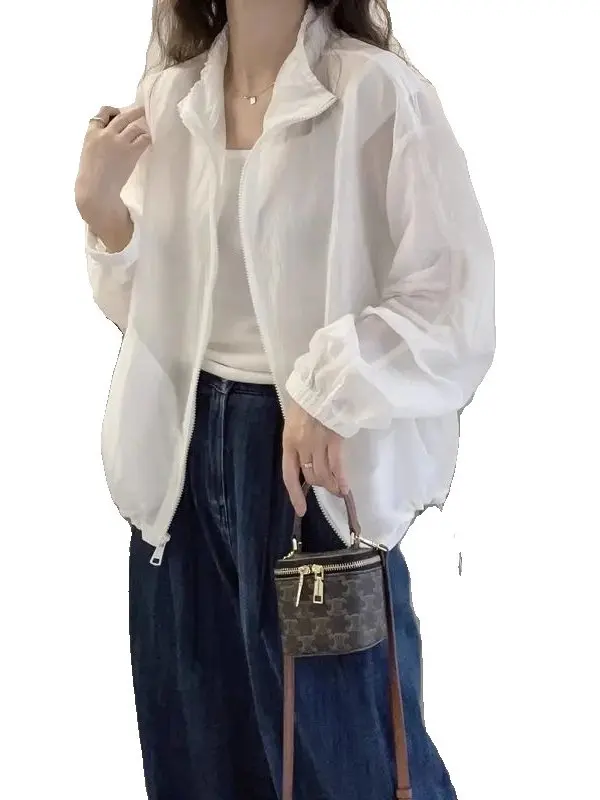 Women's Summer 2025 Thin Long Sve Stand Collar Casual Outerwear Loose Fit Zipper Faion Lazy Sle Sun Protection Top