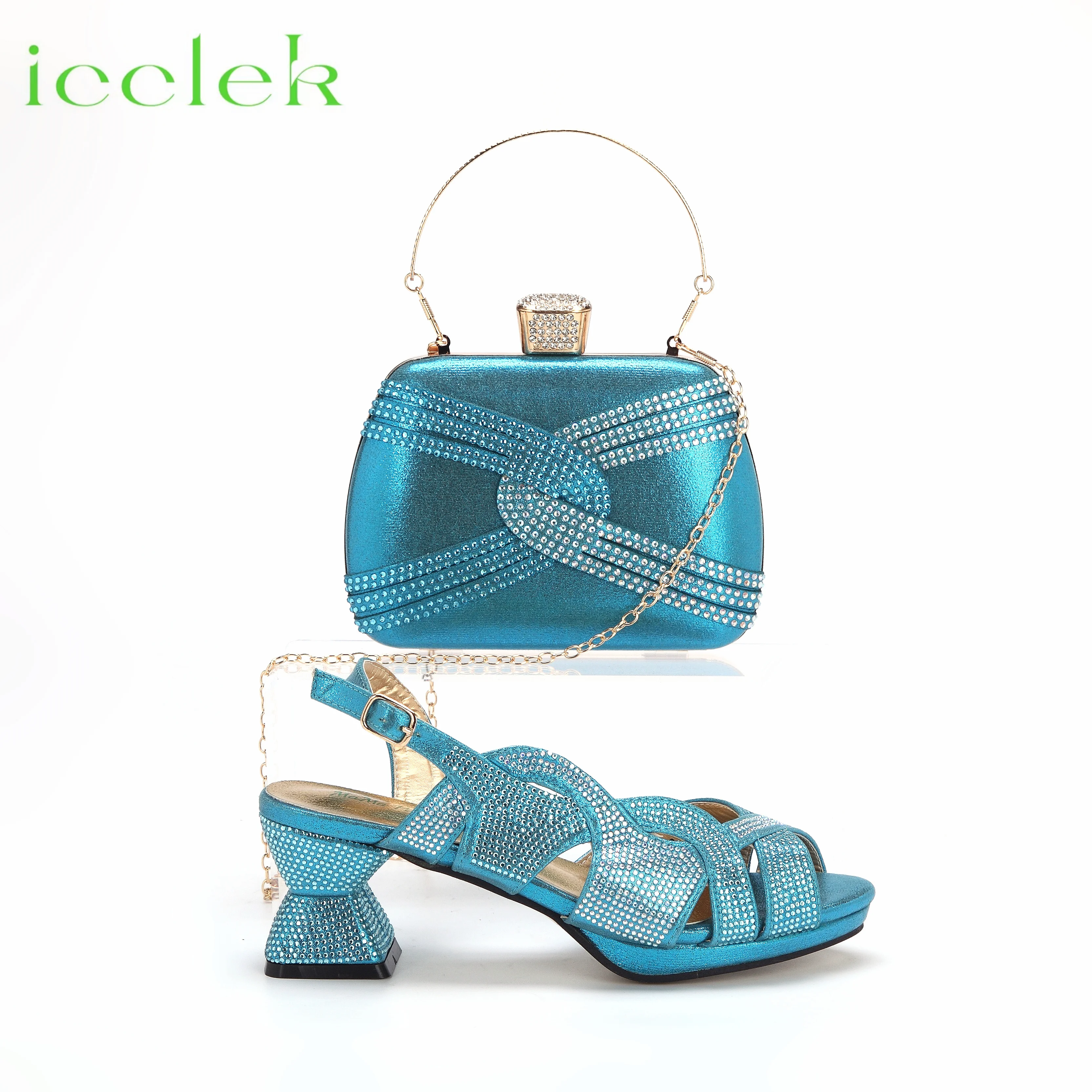 

Hot Selling Sky Blue Ladies Peep Toe with Crystal Design Sandal with Bag Set For Women Wedding Party Pump