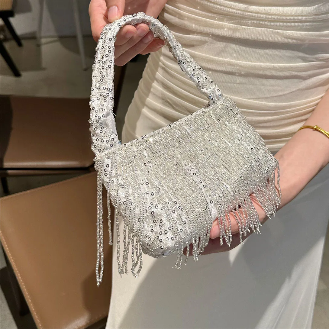 Vintage Handmade Beaded Handbags For Women French Fashion Elegant Sequin Banquet Bag Classic Luxury Design Female Tassel Purse