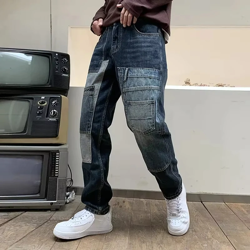 American Style New Fashion Men's High Street Casual Trendy Loose Spliced Multi Pocket Denim Trousers Male Jeans Pants Clothes