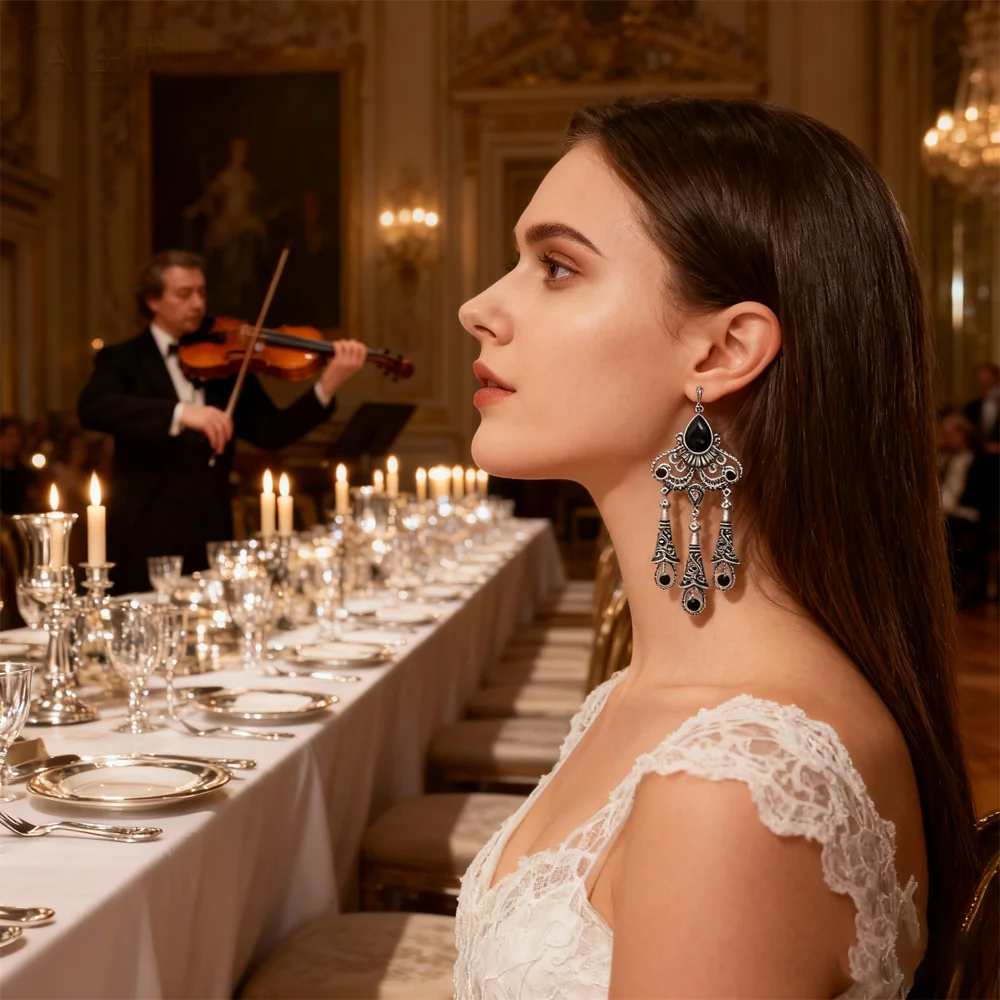 PESENAR – boucles d'oreilles pendantes en pierre noire, Style Vintage des années 1920, ton argent, pour Costume à clapet et accessoire Gatsby rétro