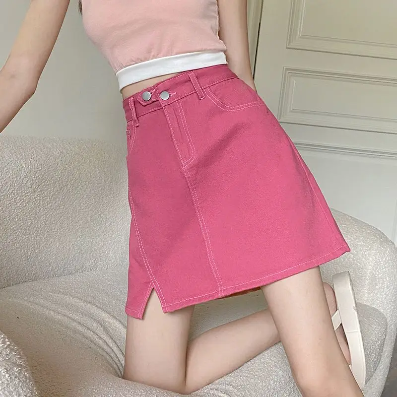 Women's Summer New Trendy High Waist Slimming Denim Skirt Side Slit A Line Bodycon Short Skirt Covering For Curvy Women