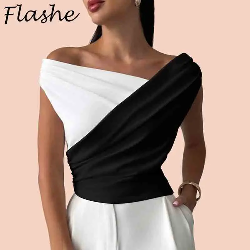 

Summer New Multi-Layered Slash Neck Women T-Shirts Vest Women's Top Elegant Design Sleeveless T Shirt Women Patchwork Tee Tops