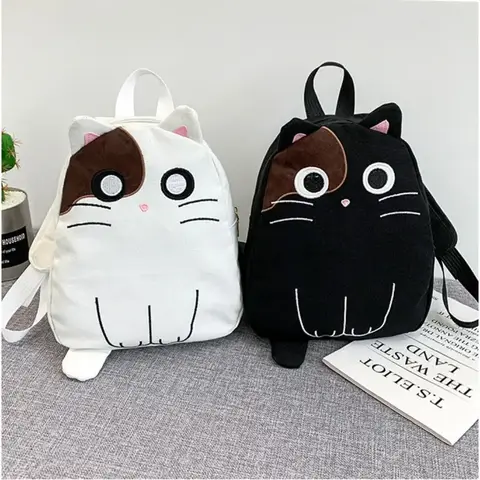 Fashionable and Cute Cartoon Cat Schoolbags for Children, High Quality Canvas Backpack, Ideal for Students' Travel and Shopping