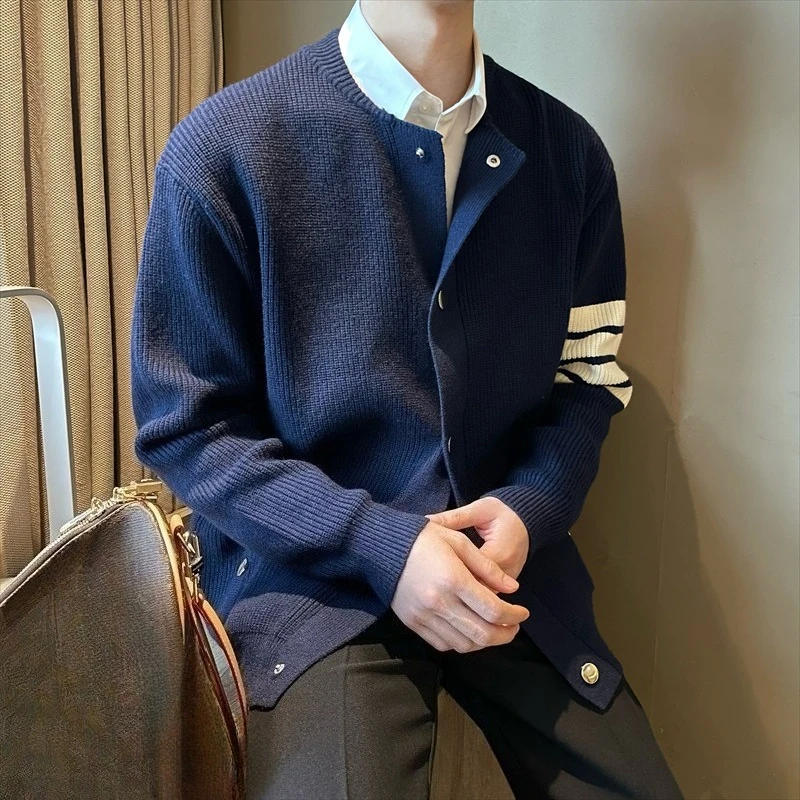 ​ Casual masculino fivela de metal em torno do pescoço cor bloco cardigan primavera outono solto gota ombro franja textura na moda camisola de malha ​