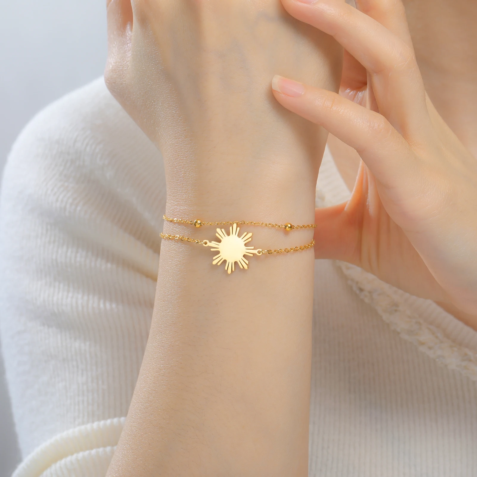 CoolTime Philippine Sun Anhänger mit Doppelketten Damenarmband Exquisiter goldfarbener Sonnenstrahl-Charm Schmuck Geschenk – Detail 15