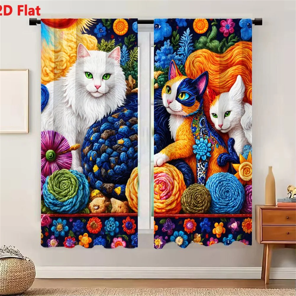 2Pcs Curtains 2D Flat Whimsical Surreal Illustration Of Three Fluffy Cats With Colorful Yarn Balls And Oversized Flowers In Ench