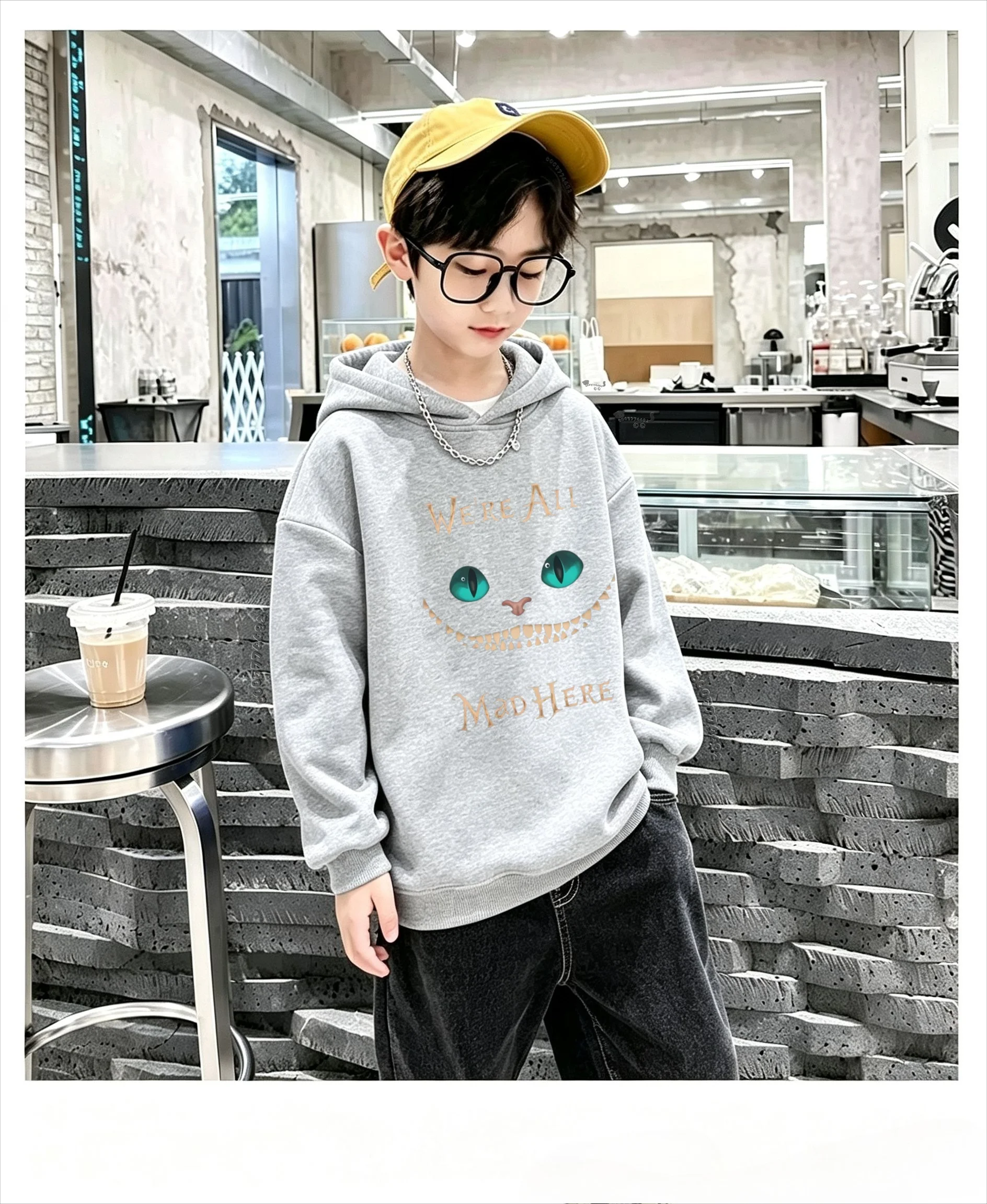Children's Hooded Sweatshirt - American Retro Cat with Green Eyes, Sharp Teeth and Happy Smile Print - Small Child Hooded Jacket