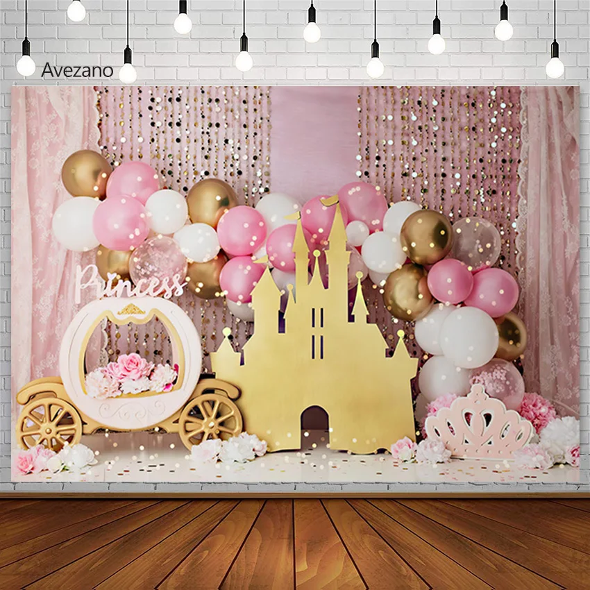 

Avezano Backdrop Princess Birthday Party Cake Smash Balloon Floral Castle Carriage Photography Background Studio Photoshoot Deco