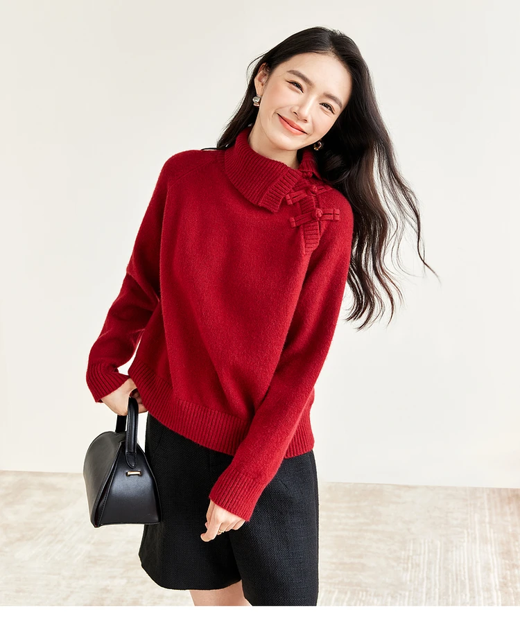

SENTUBILA Red Pullovers Wool Blend 2025 Chinese Style Turtleneck Long Sleeve Knitwear Winter Sweater Women's Clothing W44E57240