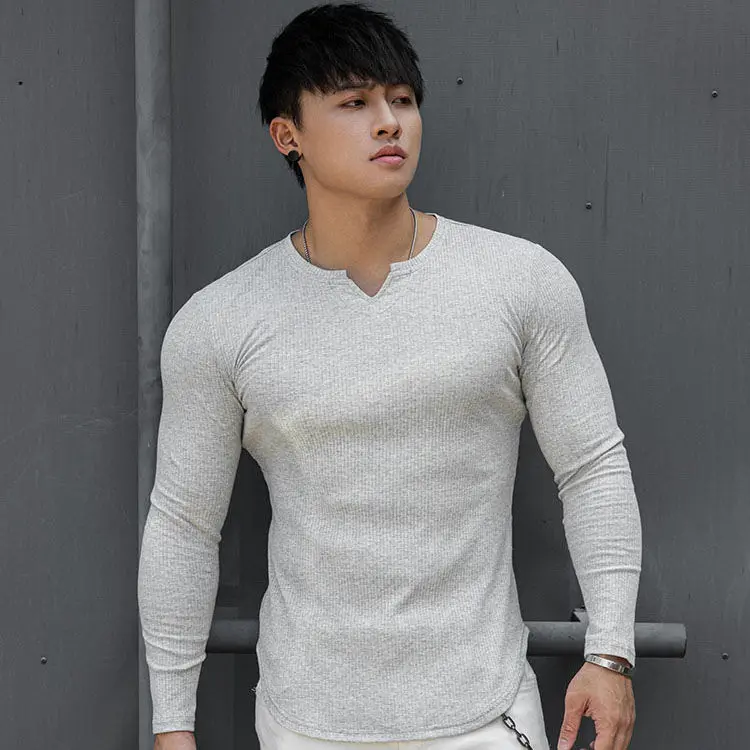 Threaded Slim Base Shirt, Long-sleeved T-shirt, Men's V-neck Solid Color Stretch Fitness Inner Wear Sports Training