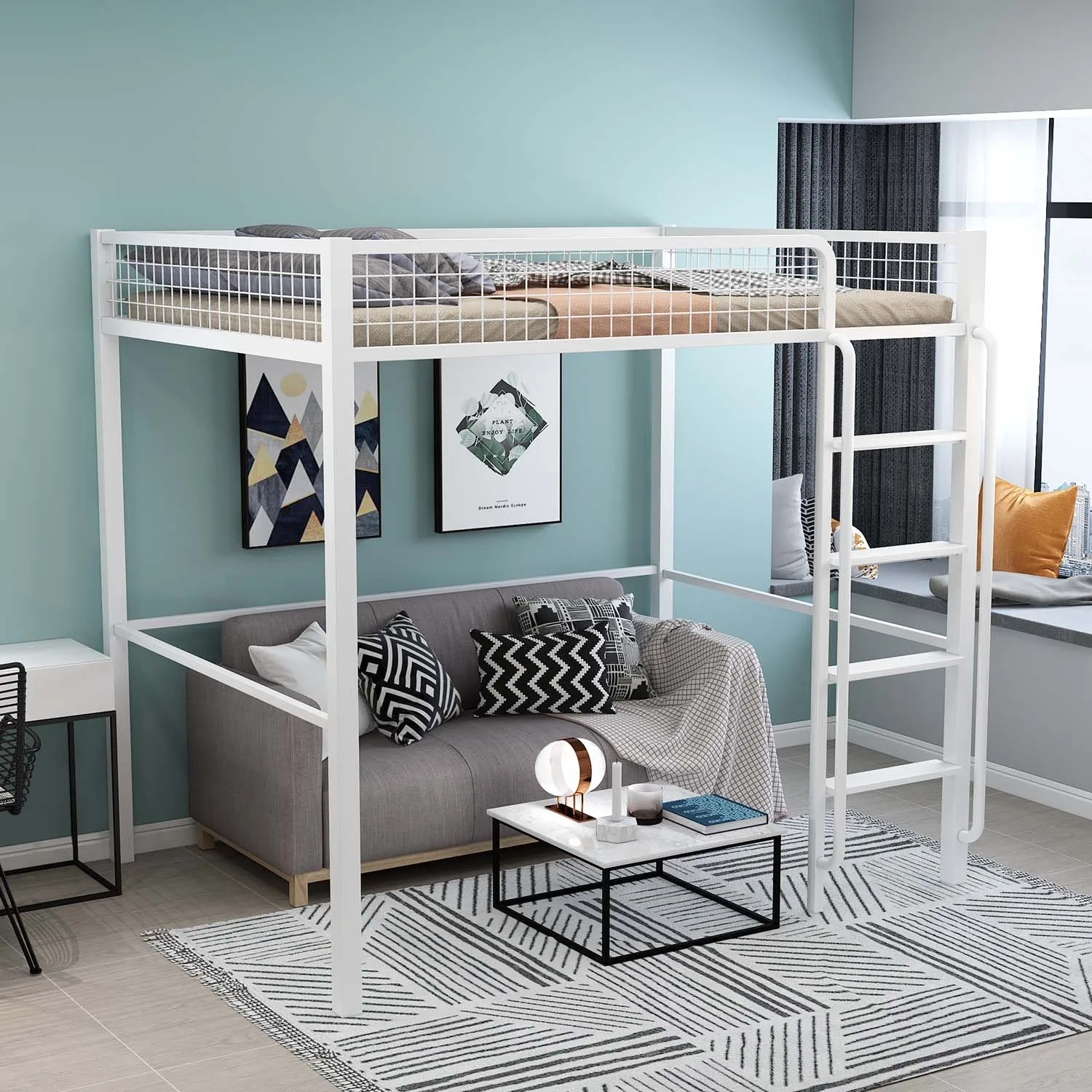 School Dormitory Apartment Metal Loft Bed Adult Bunk Bed With Wardrobe Desk And Shelf Customization view 3