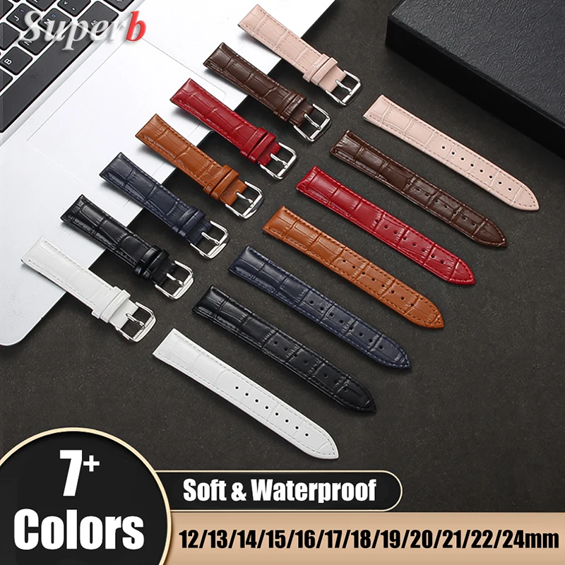 Bracelet de montre universel en cuir de veau véritable, motif flammé, 12/13/14/15/16/17/18/19/20/21/22/24mm, accessoires