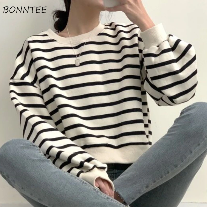 

Sweatshirts Women Autumn Striped Students Simple Design Sweet All-match Leisure Korean Style O-neck Daily Classic Sporty Cozy