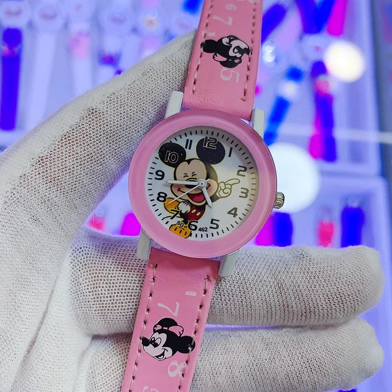 Disney Mickey Cartoon Children's Watch Leather Strap Boys and Girls Quartz Watch Student Clock Festival Gift