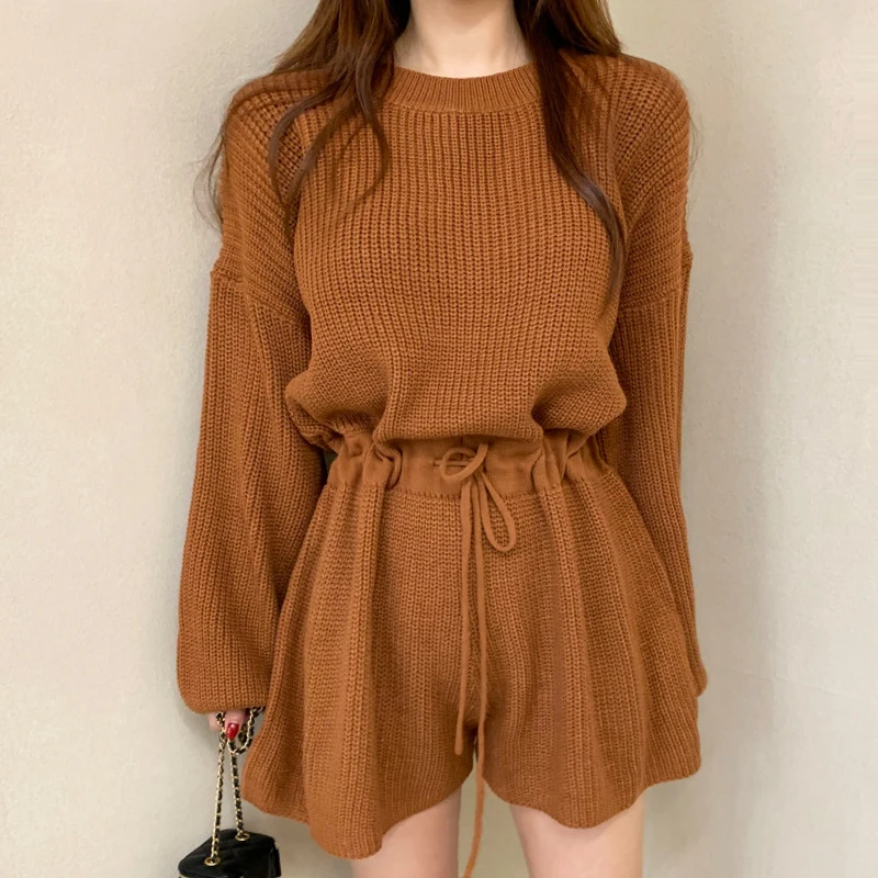 Chic ฤดูใบไม้ร่วง Retro รอบ Ne Dstring เอวยาว Sve ถักขากว้าง Jumpsuit orts ผู้หญิง Faion เดินทาง Sle