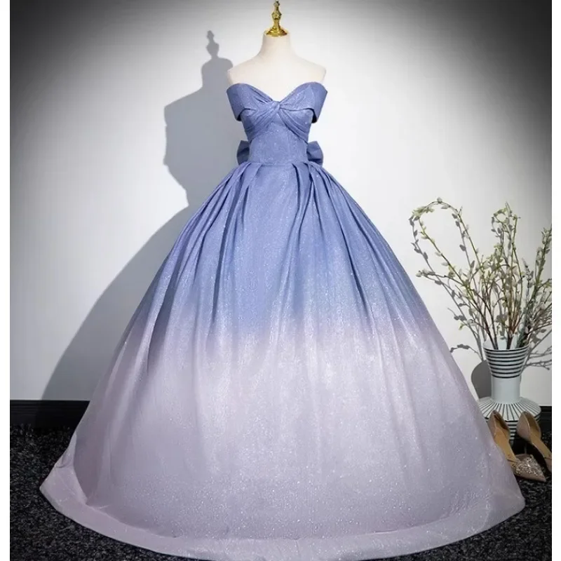 Blue Gradient Elegant Evening Dress 2026 New High end Feeling Host Solo Vocal Art Exam Strapless Fairy Style Custom Party Gown