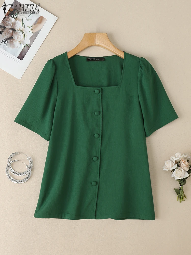 

Women Blouses Solid Square Neck Tops Casual Short Sleeve Blusas ZANZEA 2025 Summer Tunic Oversized Loose Vintage Pullover