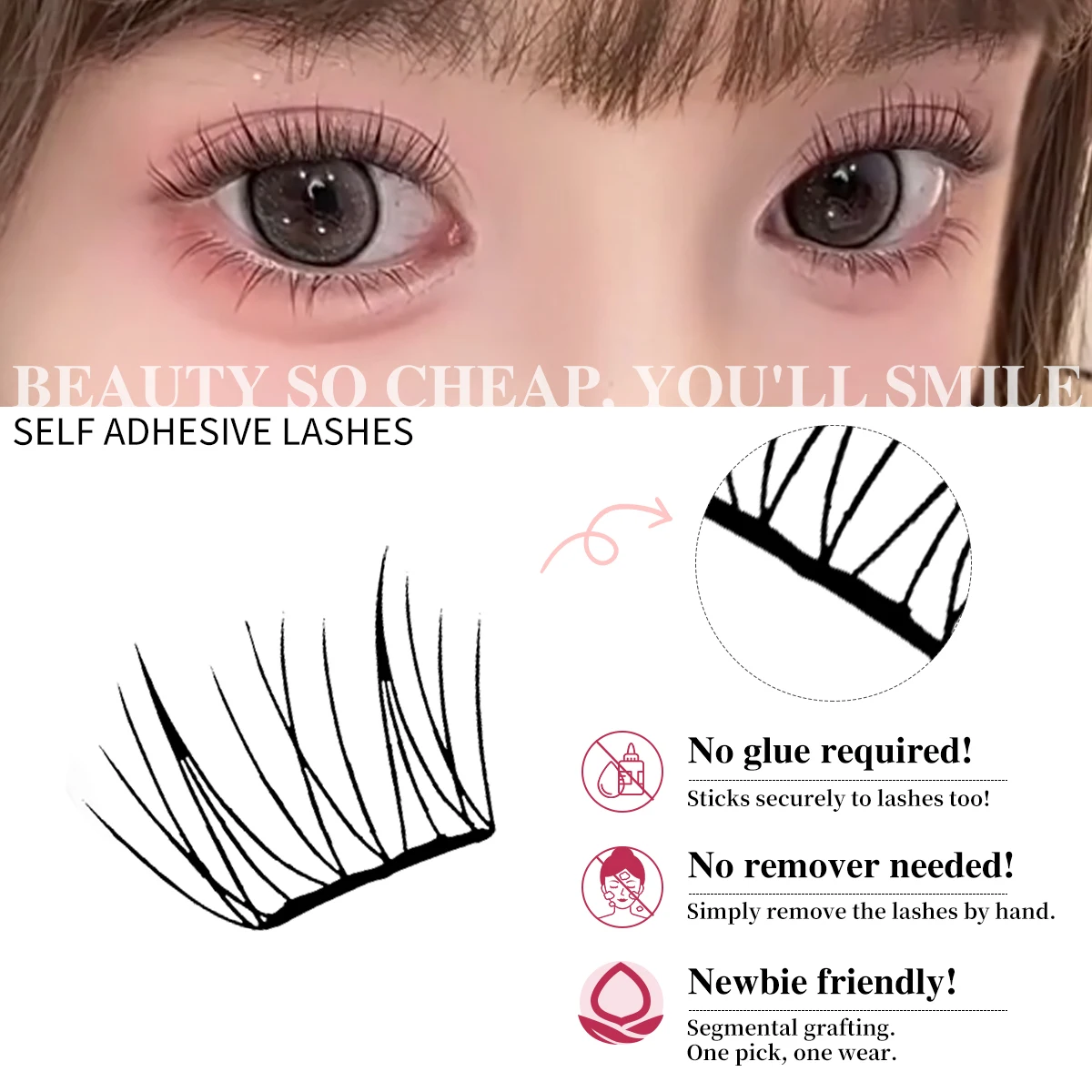 Ultra Cienkie Sztuczne Rzęsy z Imitacji Norek Bez Kleju, 8 Rzędów, Oddychające, Segmentowe Rzęsy z Płynnym Klejem, Wygodne do Noszenia Cały Dzień dla Dziewcząt