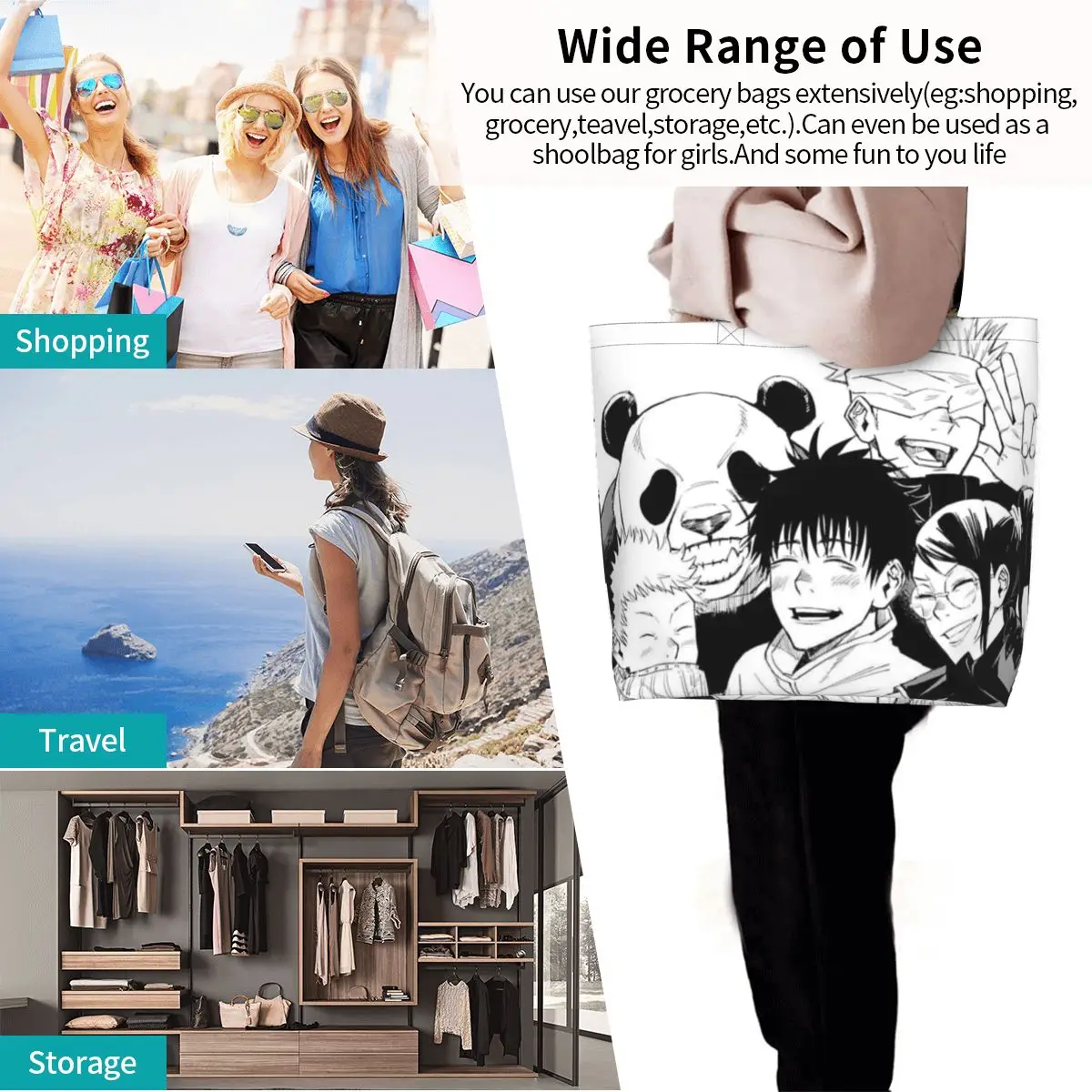 Jujutsu Kaisen 0 حقيبة تسوق قماش سعة كبيرة حقائب كتف للمتسوقين حقيبة يد البقالة للنساء