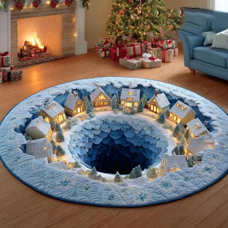 VIKAMA Christmas Round Rug 3D Optical Illusion Snow Village Zipper Snowman Pattern Home Xmas Holiday Living Room Floor Mat Decor