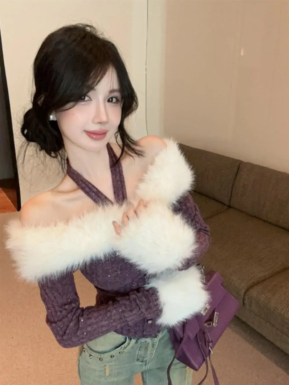 

Fashionable High-End Knitted Shoulder-Baring Neckline Sweater Women's Autumn Winter Slimming Base Layer Top Inner Wear Street...