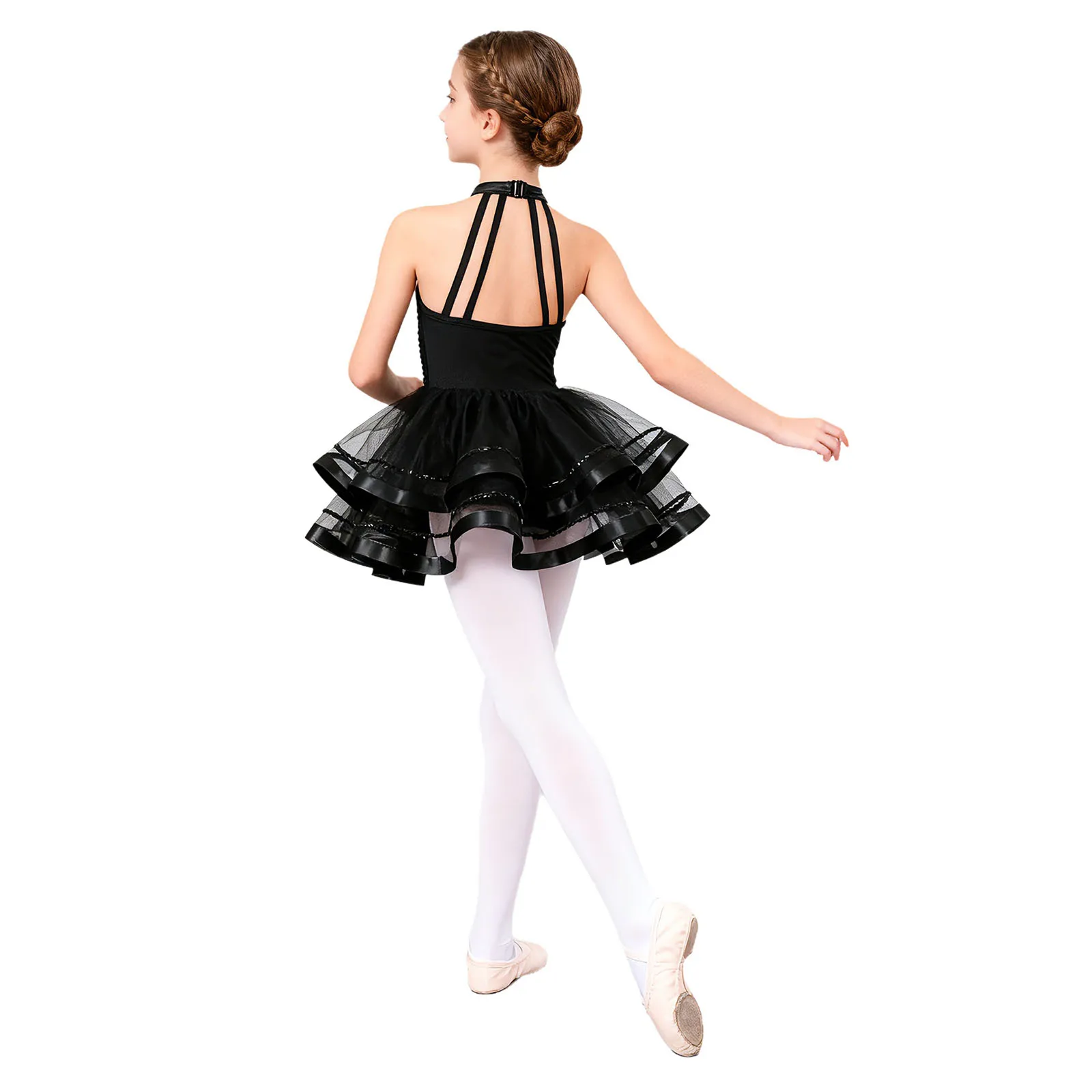Glitzerndes Pailletten-Ballett-, Jazz- und Stepptanzkostüm für Mädchen, mit Neckholder-Oberteil und mehrlagigem Tüllrock für Wettbewerbe. – Detail 9