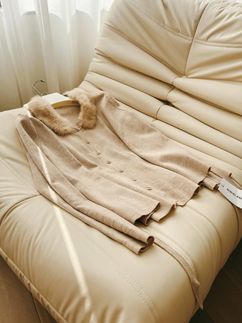 

Мягкий корейский женский свитер, пальто со съемным воротником из кроличьего меха, шелковая внутренняя одежда, длинная зимняя мода