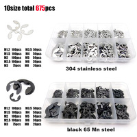675pcs/set M1.2~M8 Assortment Kit Black 65Mn 304 Stainless Steel Shaft External Retaining Ring E Clip Snap Circlip Washer Box