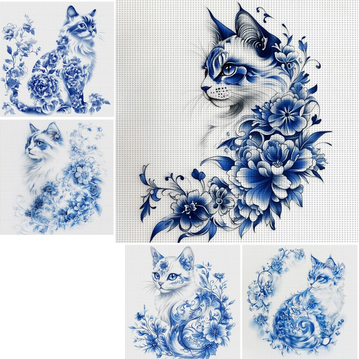 Blaue Blumen-Katzen-Kreuzstich-Set, DIY 11Ct Stickerei-Set für Heimwanddekoration und Geschenke, handgefertigte Materialien, rahmenlos (halb-fertiges Produkt), 36x36cm/14,17x14,17 Zoll
