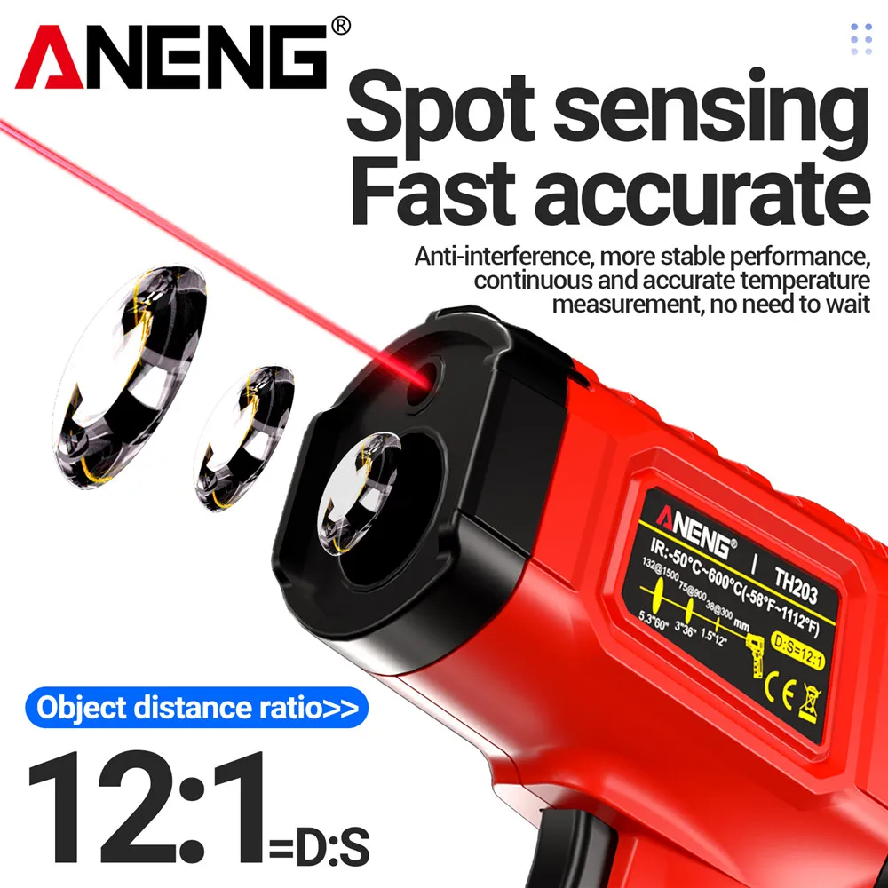 ANENG TH203 Infrared Thermometer Gun -50°C~600°C Non-contact Temperature Object Distance Ratio VA Reverse Pyrometer Tester Tools