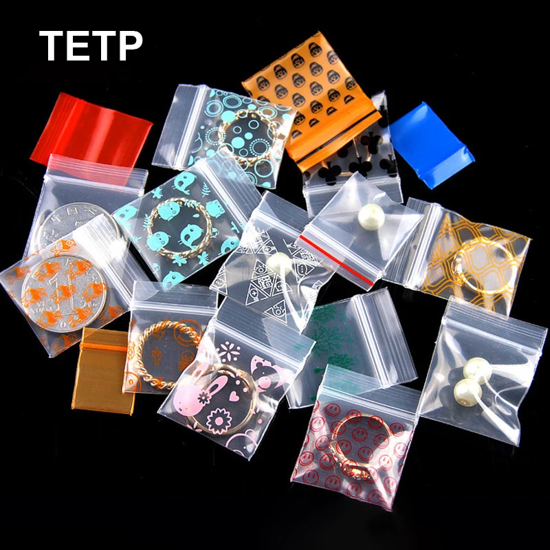 TETP 100pcs Mini Ziplock Bags With Pattern For Home Travel Jewelry Necklace Earring Ring Accessories Packaging Storage Organizer