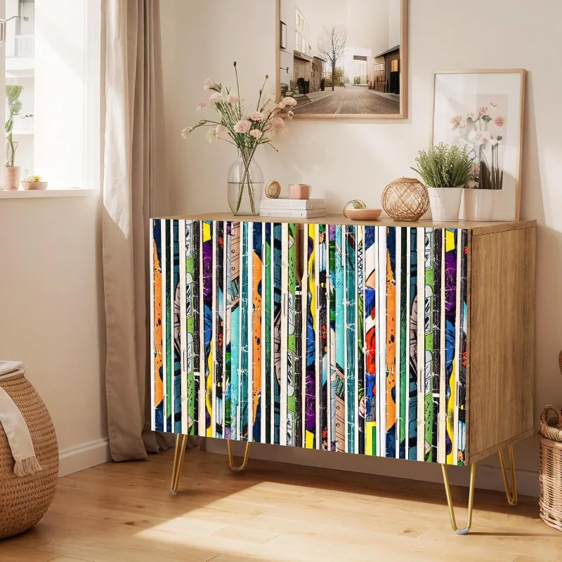 Sideboard Buffet Cabinet Colorful Vibrant Stripe Pattern, Cupboard Console Table for Dining Room - 35